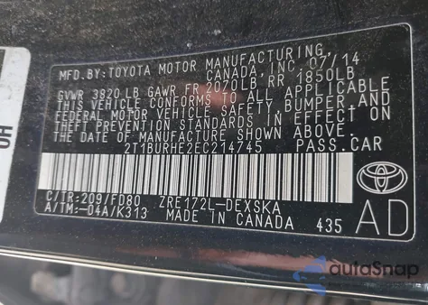 2014 Toyota Corolla S Plus из США, поврежденный, VIN 2T1BURHE2EC214745
